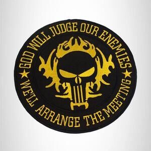 God Will Judge Our Enemies Yellow Round Iron on Patch for Biker Vests & Jackets